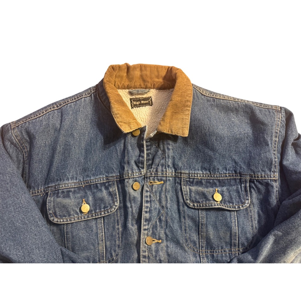 Vintage 80/90s High Noon Men's Sherpa Lined Denim Trucker Jacket Corduroy Collar - Picture 3 of 8